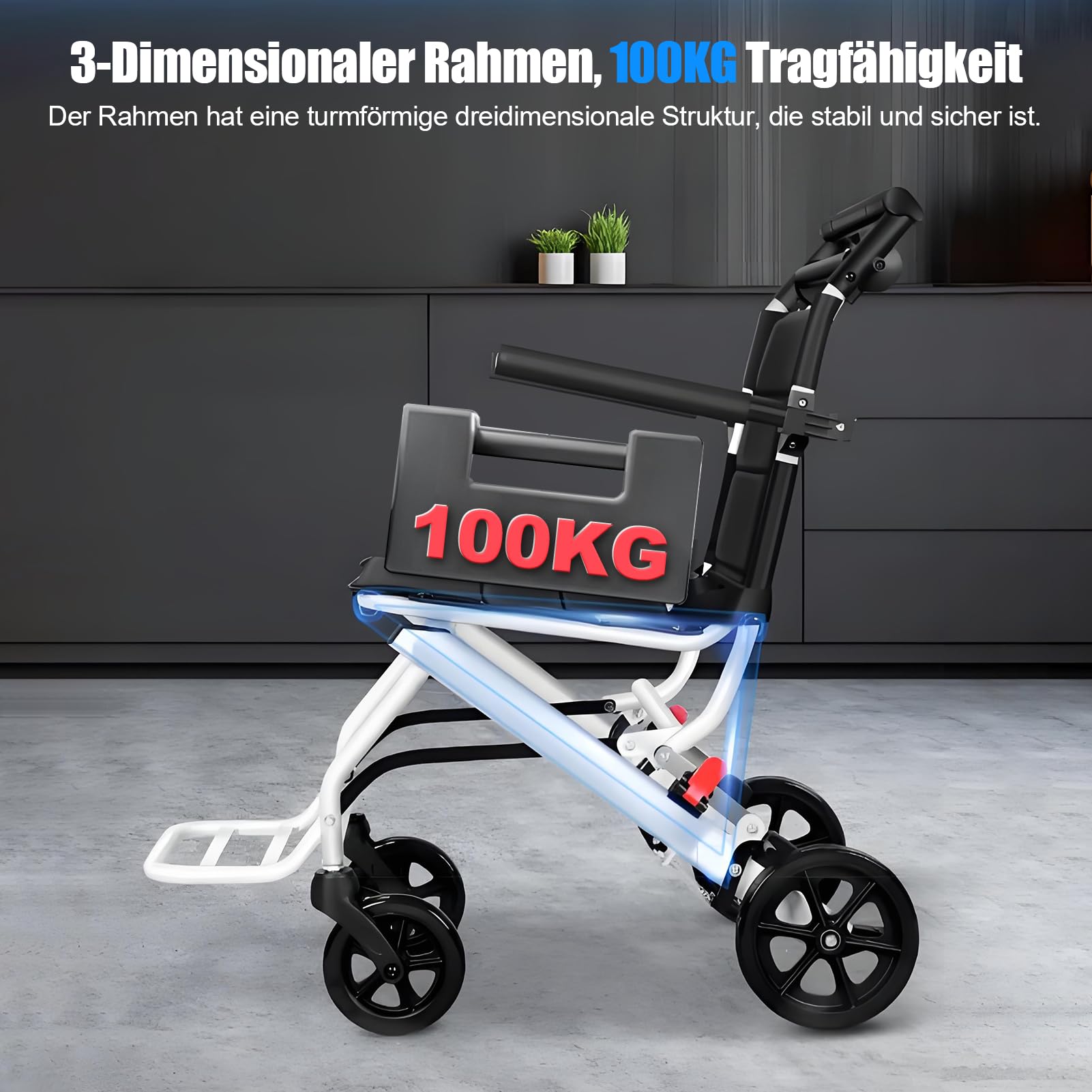 Fauteuil roulant pliant pour adultes, chaise de voyage portable légère avec conception ergonomique, sangle de sécurité réglable, cadre en aluminium et roues en PU pour une conduite en d