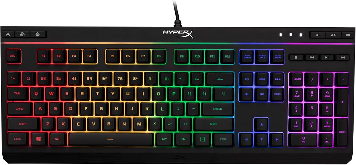 HyperX Alloy Core RGB – Membrane Gaming Keyboard, Comfortable Quiet Silent Keys with RGB LED Lighting Effects, Spill Resistant, Dedicated Media Keys, Compatible with Windows 10/8.1/8/7 – Black