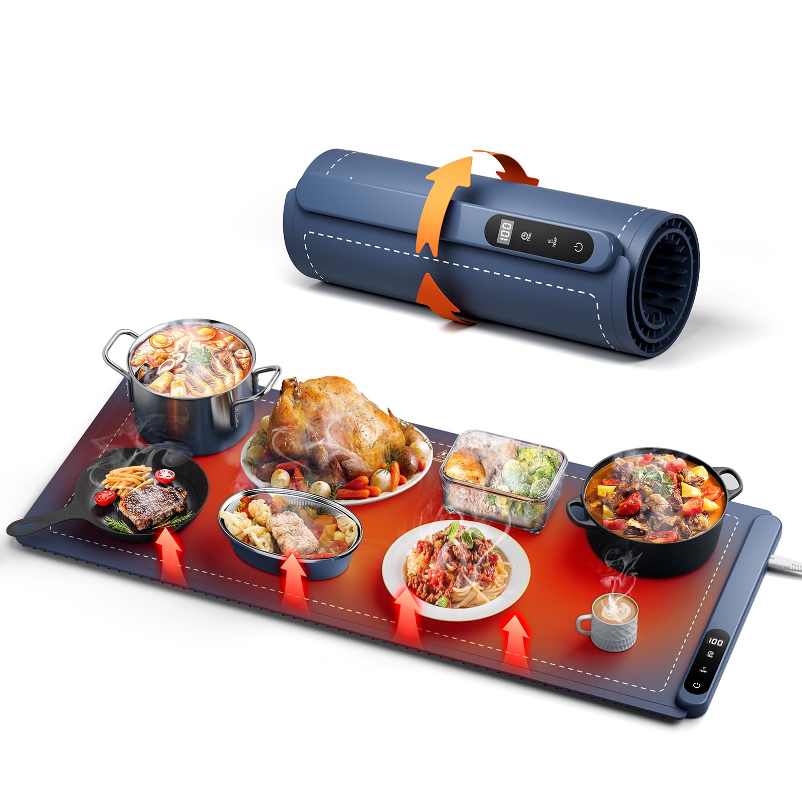 Warming Mat for Food(XXL 36x15.7in), Fast Full Surface Graphene Electric Warming Tray, Foldable and Portable Food Warmer, 6 Temperature Settings and 0-6 Hour Adjustable Timer, for Parties, Gifts