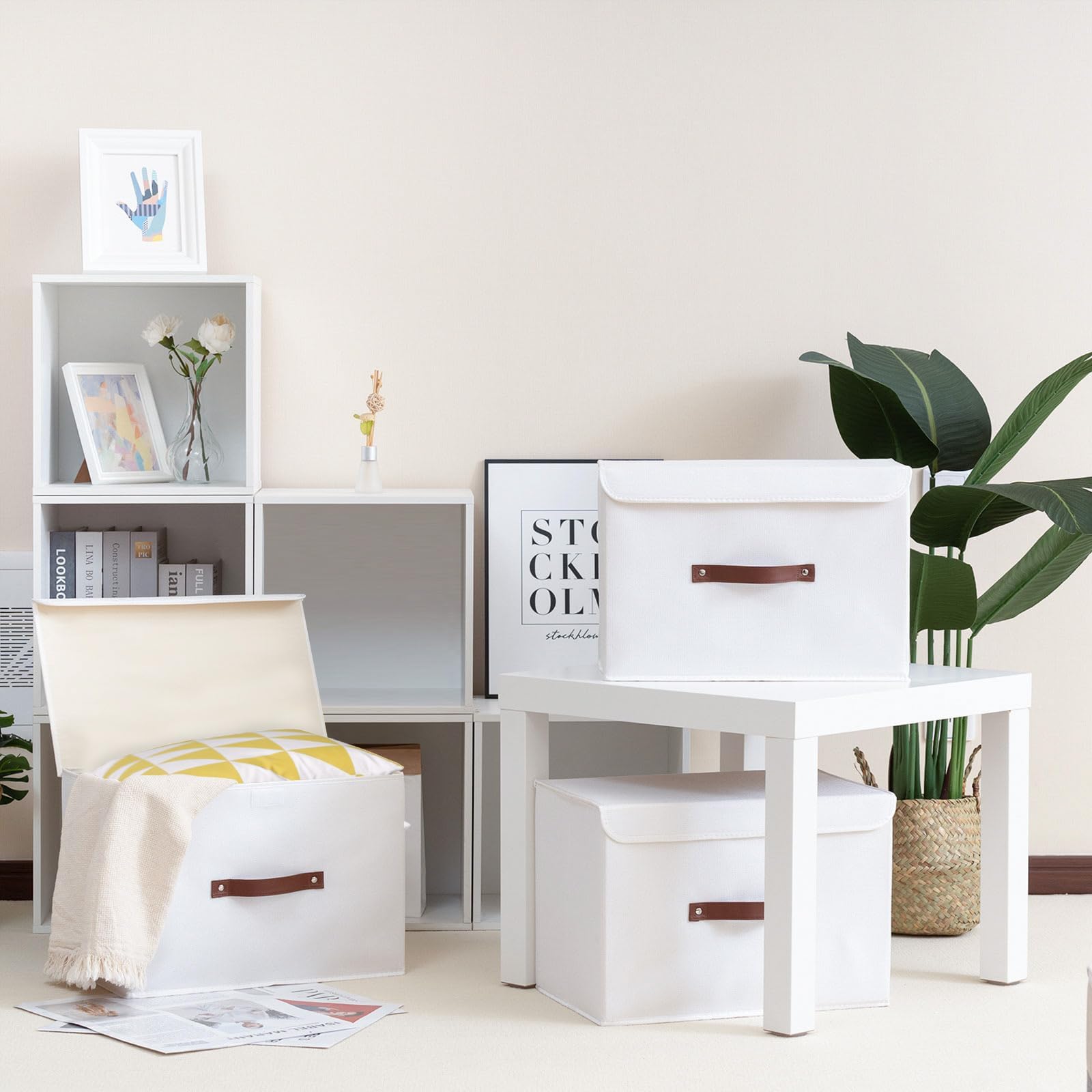 Yawinhe Collapsible Storage Box, Fabric Bin with Lids 2 Pack, Closet Baskets with Handle, for Organizing Clothes 38x25x25cm - Image 2