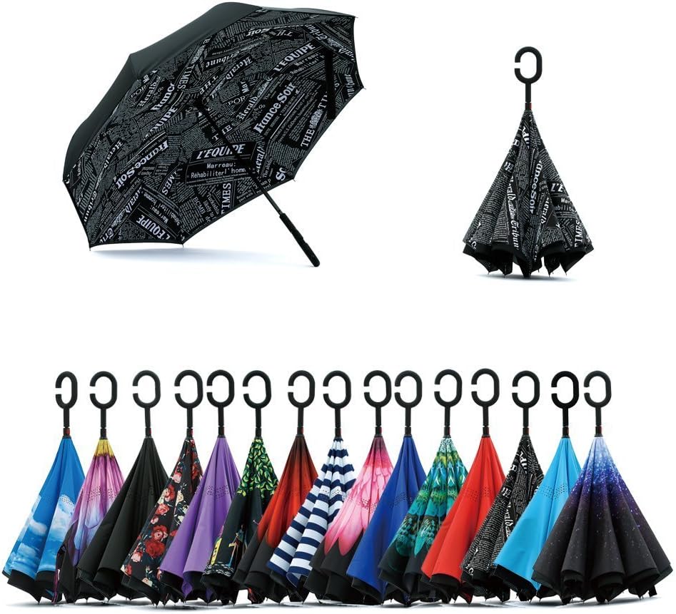 Double Layer Inverted Umbrella, C Shape Handle Reverse Folding Umbrella, Anti-UV Windproof Travel Umbrella with Carrying Bag