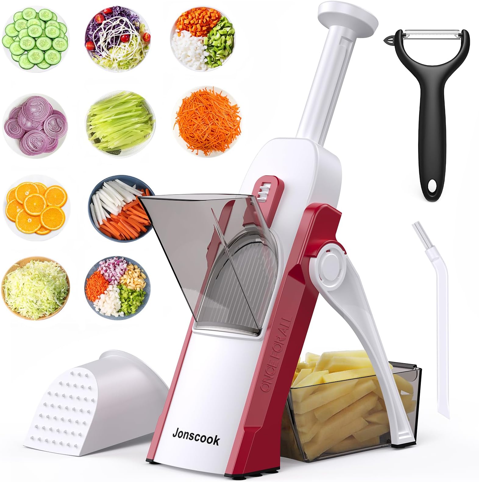 Safe Mandoline Slicer for Kitchen, Adjustable Thickness 0.1-8 mm, 5 in 1 Multi Vegetable Chopper, Potato Slicer, Food Chopper French Fry Cutte, Mandolin, Slicer Vegetable Cutter (RoseRed)