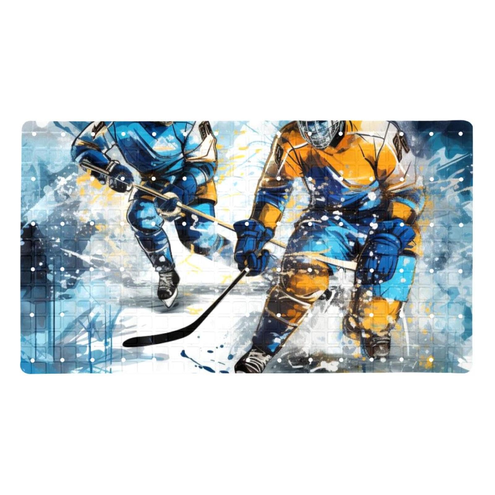 Tapis de bain et de douche avec motif peinture de hockey sur glace, lavable, ventouses et trous de drainage pour garder les baignoires propres, transparent
