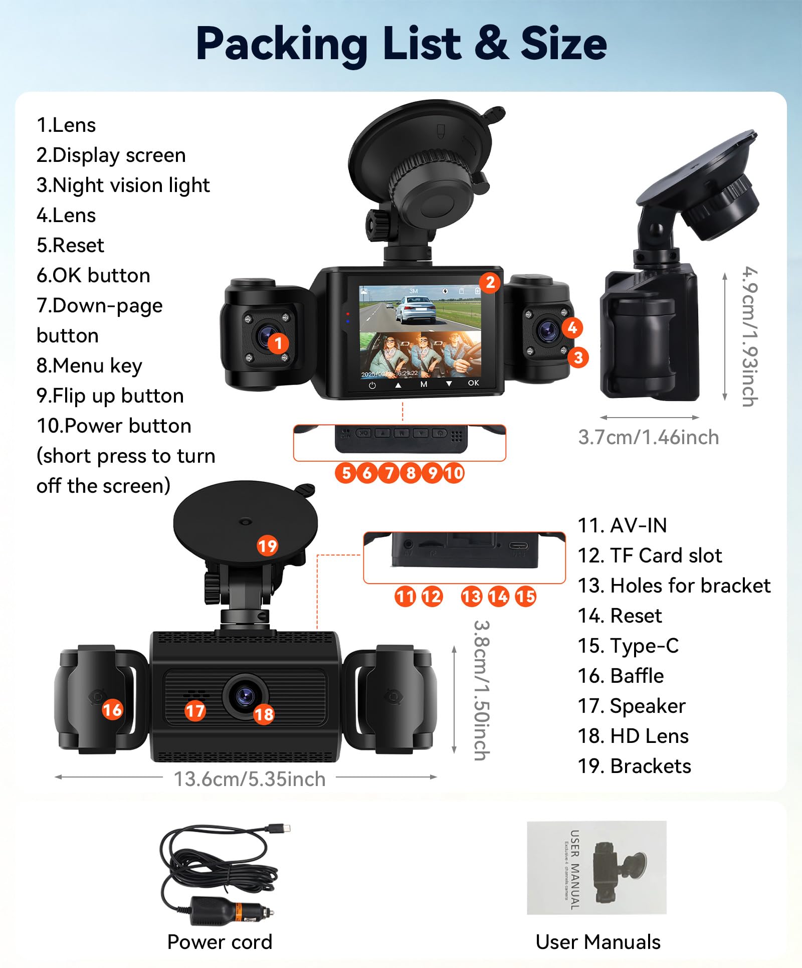 Caméra Embarquée 3 Canaux Full HD 1080p avec 3 Caméras, écran 2,4 Pouces, Enregistrement en Boucle, Détection de Mouvement Mode Parking pour Tous Véhicules Enregistreur de Trajet DVR pour Voiture