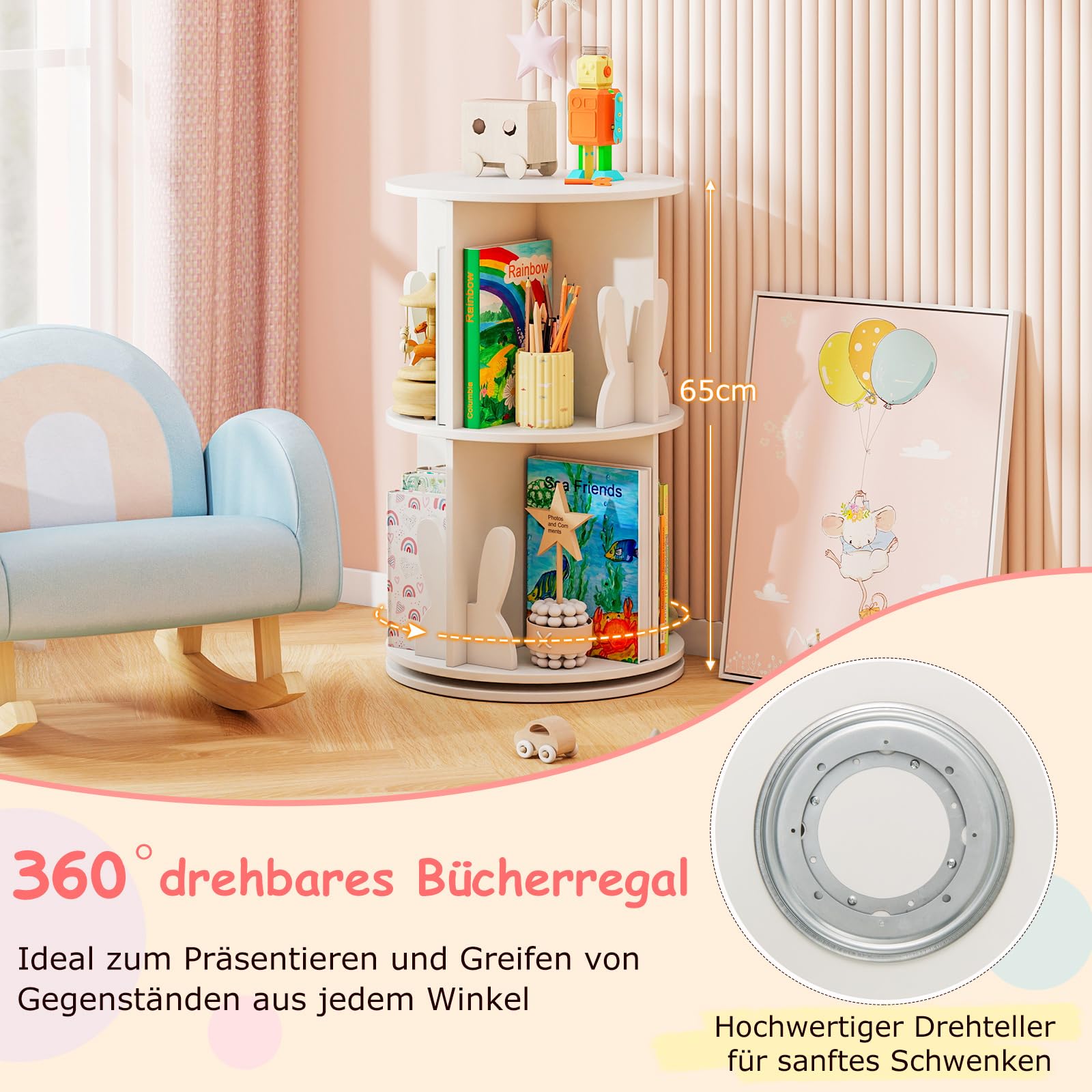 COSTWAY drehrbares Bücherregal Kinder, Kinderregal mit 2 Ebenen & Hasen-Trennwänden, 360 Grad, Kinderbücherregal freistehend, Spielzeugregal für Kinderzimmer, Spielzimmer, 40 x 40 x 65cm (Weiß)