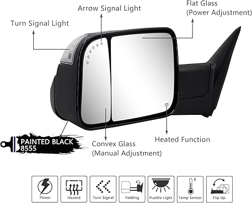 Miniatura 2 de Espejo de remolque para Dodge Ram  Compatible con Dodge Ram 1500 2500 3500 2500 3500 2009-2018 Pickup Truck Power Adjusted Led Luz de señal de giro