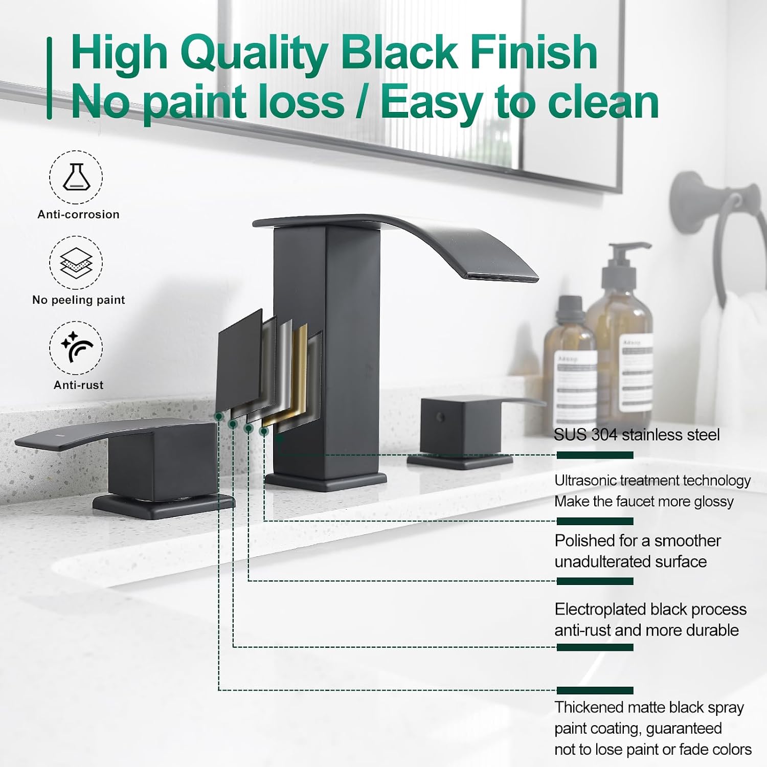 VOTON Waterfall Bathroom Faucets Black, Widespread Bathroom Sink Faucet 3 Hole with Pop Up Drain, 8 Inch Modern Vanity 2-Handles Faucet