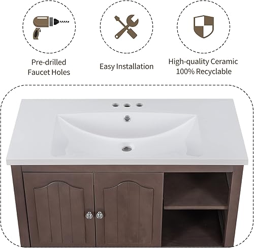 Miniatura 8 de Merax Juego de tocador de baño de 36 pulgadas con fregadero de cerámica armario con cajón y puertas marco de madera maciza con acabado pintado