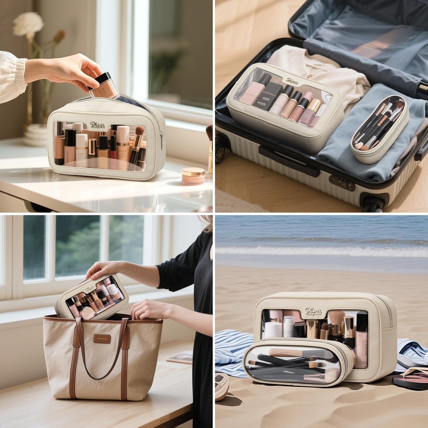 BOYATU Cute Travel Makeup Bag Set: Clear Cosmetic Bag Waterproof Toiletry Bags for Women - Large Skincare Pouch With Small Make up Brush Case for Girl (05-Off white)