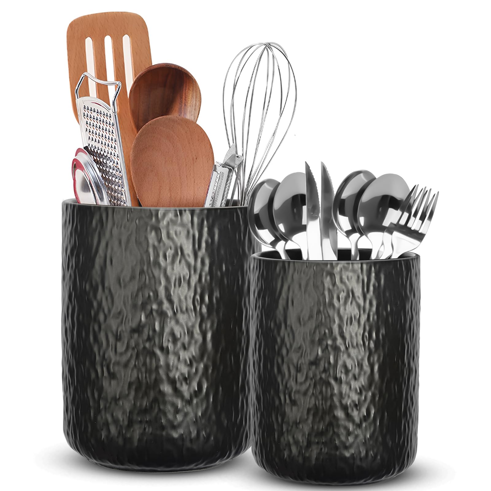 Ceramic Utensil Holder for Kitchen Counter, 6.3”×4.7” Black Kitchen Utensil Holder for Countertop, 2 Pcs Cooking Utensil Crocks for Spatula, Spoon, Forks, Plant (Stripe Black)