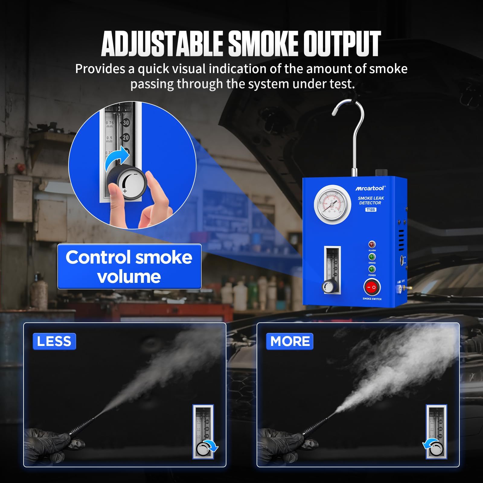 T105 Maquina Humo Coche EVAP Maquina de Humo para Detectar Fugas Con Bomba de Aire & Manómetro Tamaño de Humo Ajustable Apto Detectador de Fugas de Humo para todos los Coches, Motos y Camiones