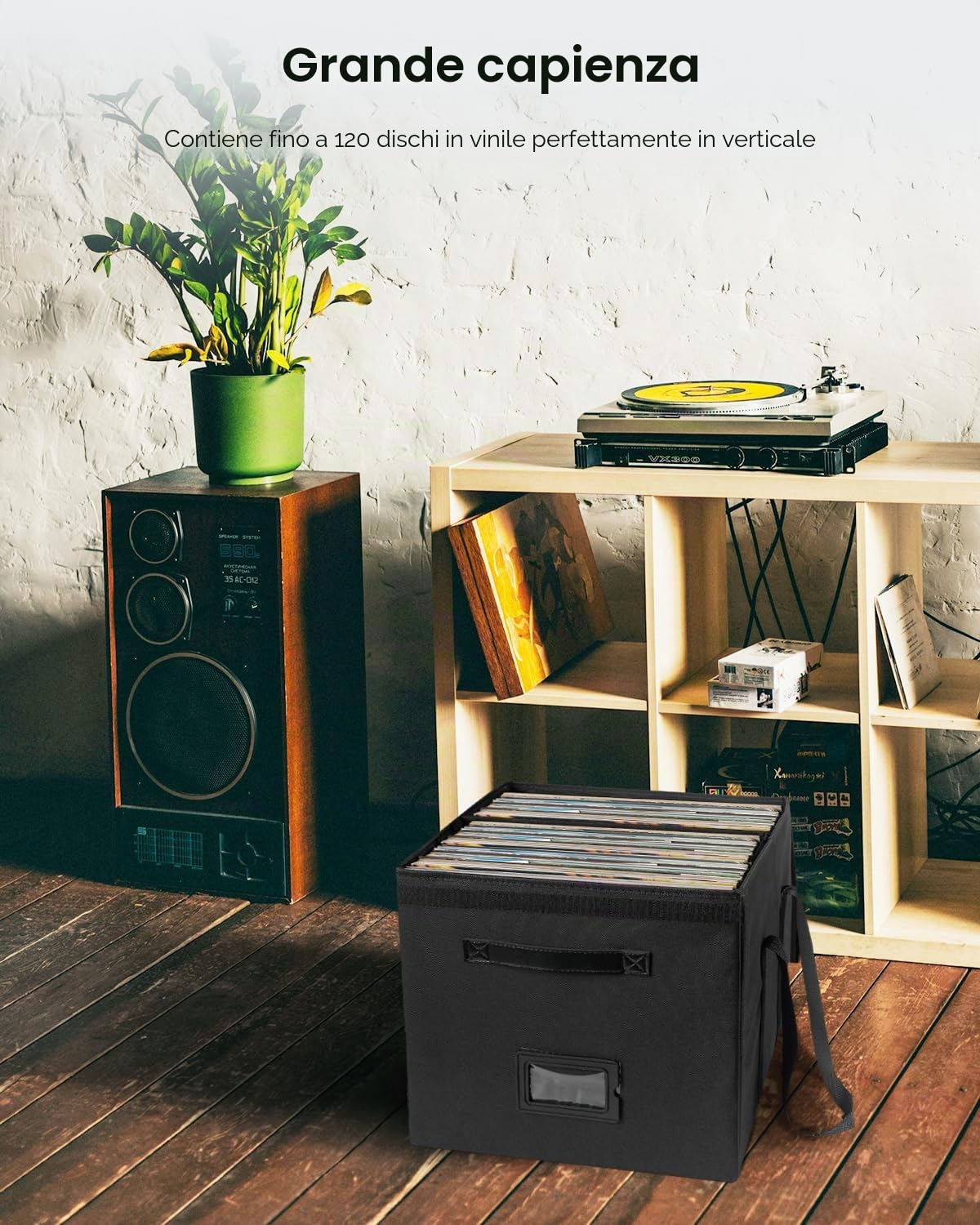 Uniclife Scatola per Immagazzinare Vinili, Organizzatore Collassabile per LP con Coperchio e Maniglie, Cassa Impermeabile alle Gocce per Album per 120 Vinili Singoli, 33 × 33 × 33 cm