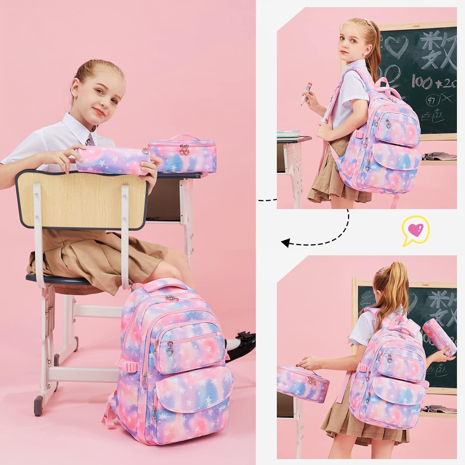 Girls Backpack with Lunch Box for Elementary Middle School,17 Inch Purple Lightweight School Backpack with Lunch Bags Set for Girls