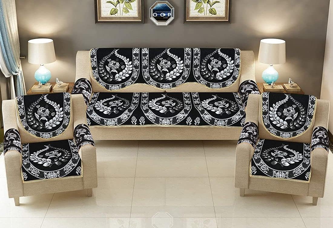 Multitex Royal Look Cotton Sofa Cover Set with Heavy Fabric Floral Design 5+Arm Seater Sofa Cover -| Set of 16 Piece (Black)