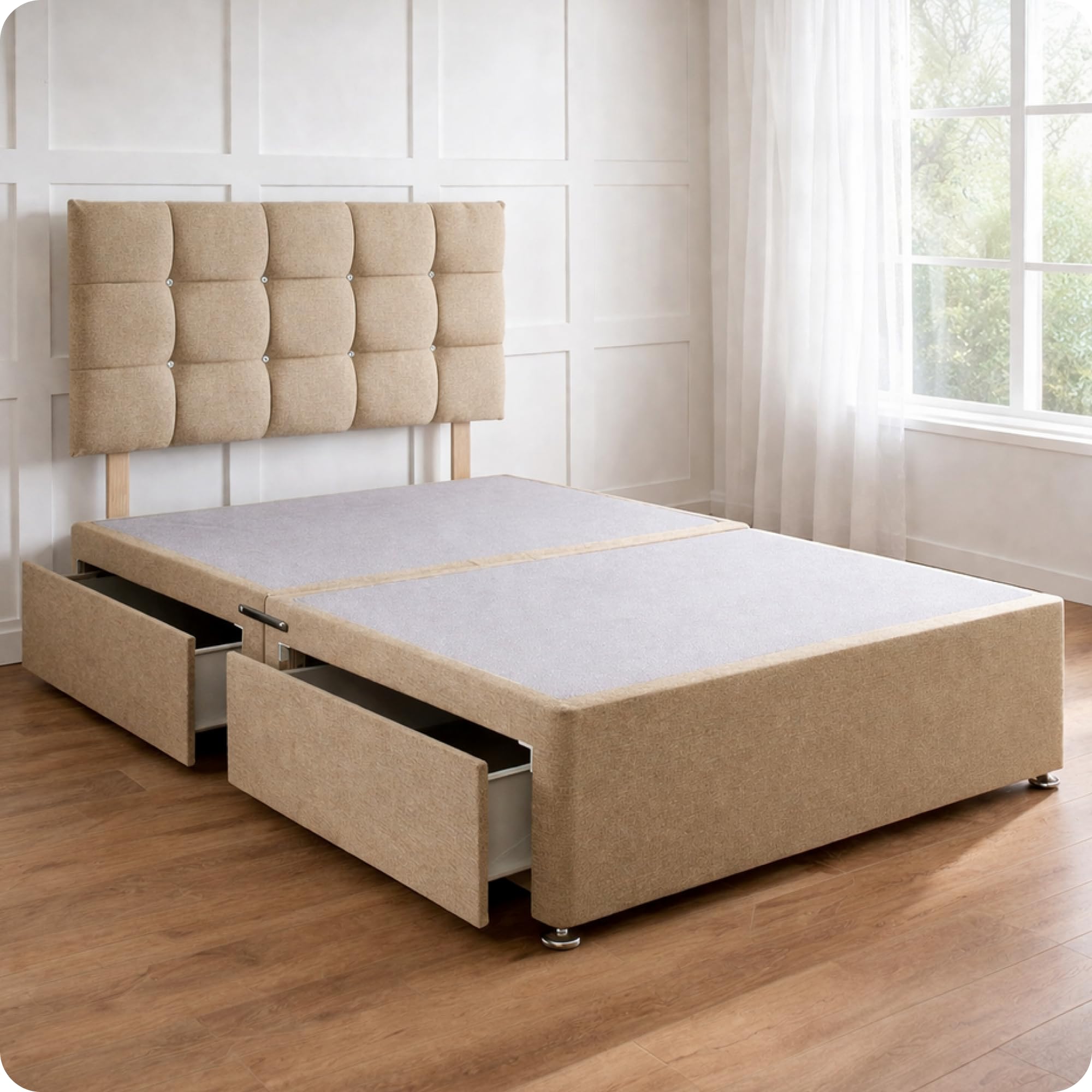 Comfy Deluxe LTD Divan Bed Base - 2FT6 Small Single, Beige | Linen Bed Frame with 20 Inch Cubic Headboard | No Mattress Included | No Storage | Chrome Glider Feet | UK Made