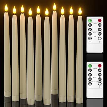 Yme 10pcs LED Ivory Taper Candles with Timer and Remote, Plastic Window Candles with Warm White Light Battery Operated for Candlesticks Wedding Halloween Christmas Decorations