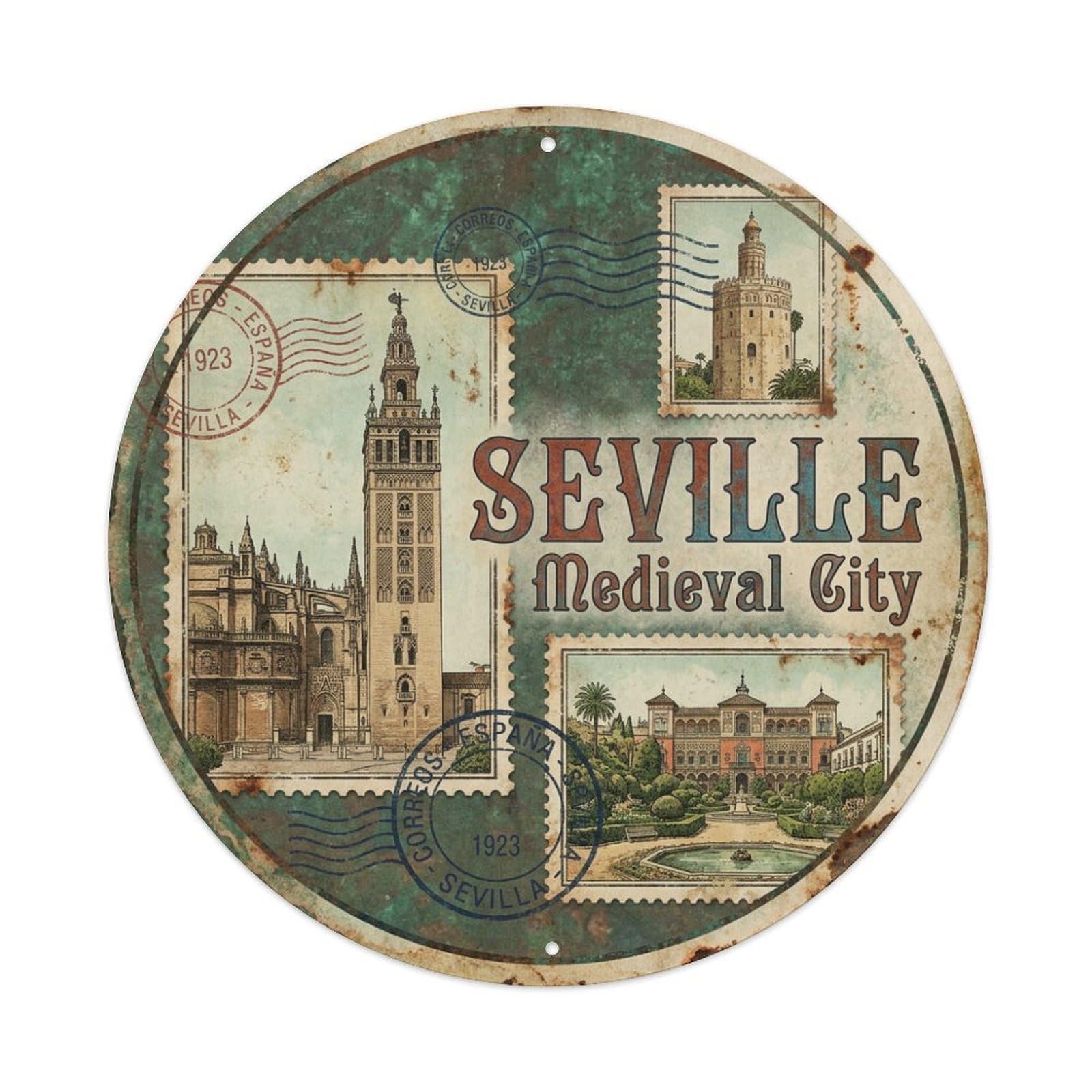 Vintage Travel Seville Spain Voyage Vintage Metal Tin Sign Plaque Wall Decor for Cafe, Club Bar, Office, Garden Metal Poster 8x8Inch
