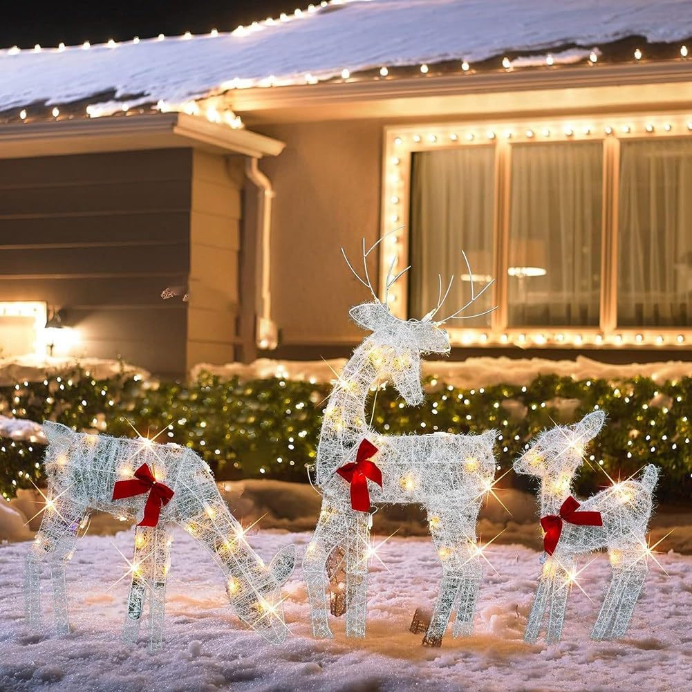 3 Pièces de Rennes de Noël Éclairés en 2D, Décorations Extérieures en Métal Blanc Pré-Éclairé Illuminent Le Traîneau de Noël Rudolph et Le Père Noël avec des Lumières