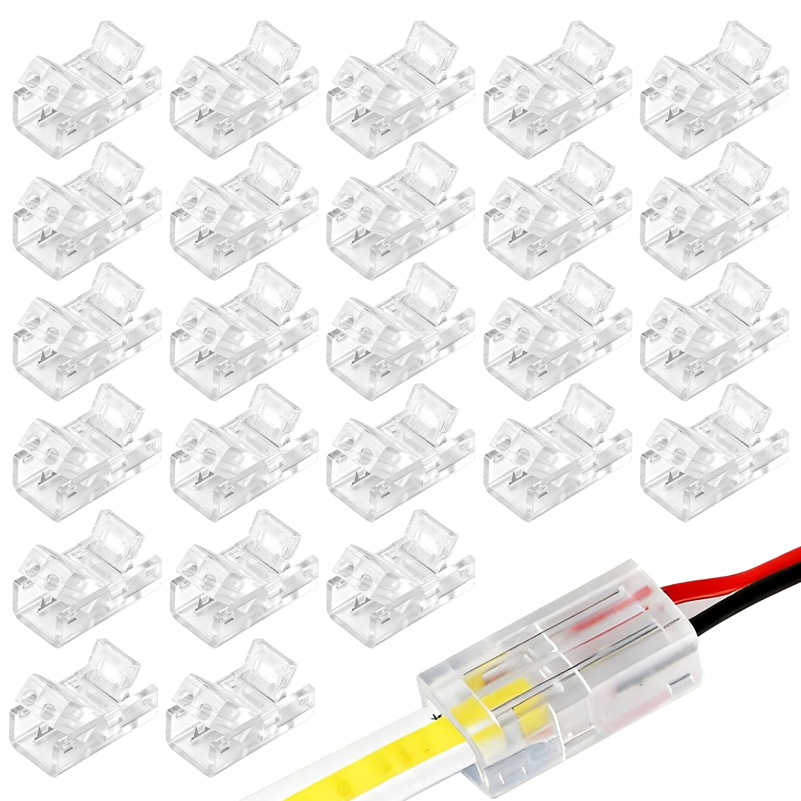Toaluea 20 Stück LED Strip Connector 2 Polig 8mm, COB LED lötfrei Streifenverbinder, 2pin Streifen Verbinder Transparent für SMD 3528 2835 5050 5630 Einfarbige 5V 12V 24V