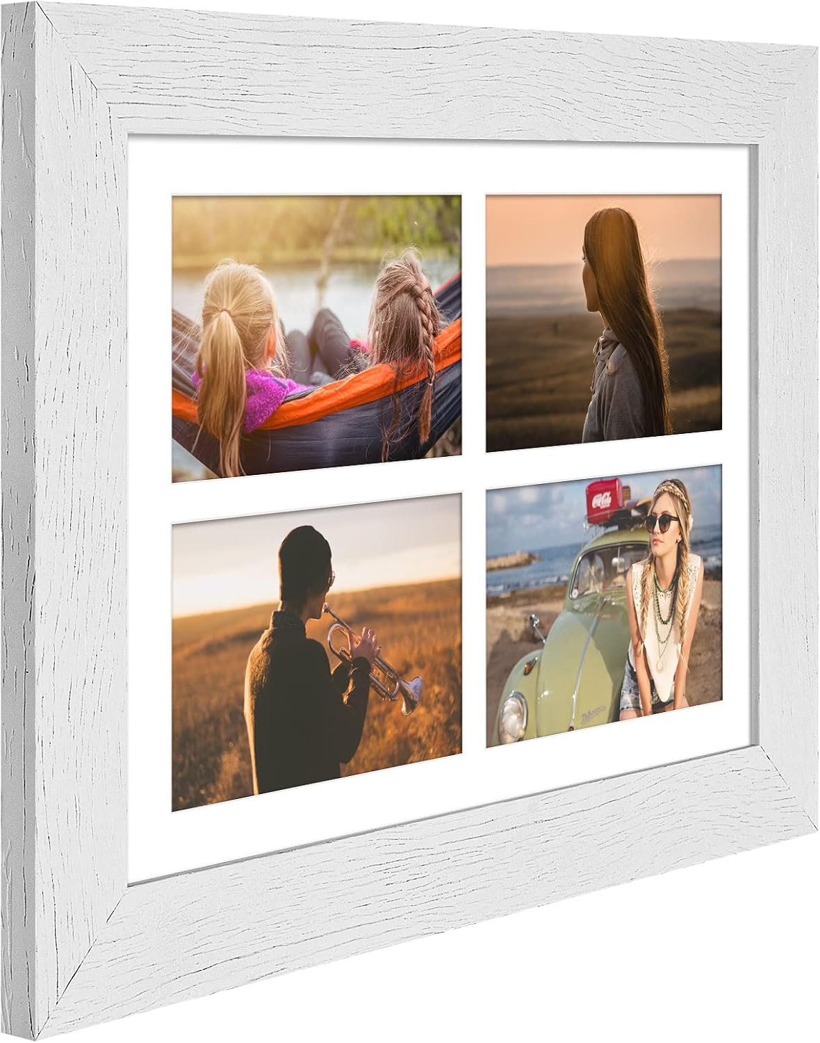 9x13 Picture Frame Display 4 opening 4X6 Picture Frame Collage,Multi Photo Frame with Mat,Plexiglass,Wall or Tabletop Decor,Distressed White Wood Grain - Image 3