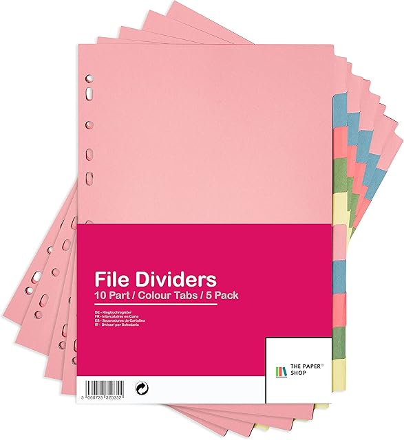 [5 Pack] A4 File Dividers 10 Part | A4 Subject Dividers 10 Part Card Folder Dividers Multi Hole Punched in Assorted Colours | Fit All A4 Portrait File Dividers