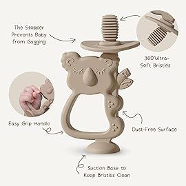 Moonkie Teething Toy Set of 2, Safe & Easy to Hold BPA Free Silicone Teethers, 360 Baby Toothbrush with Suction Base, Teether Toys Best for Babies 6-12 Months (Koala Warm Taupe/Lunar Grey)