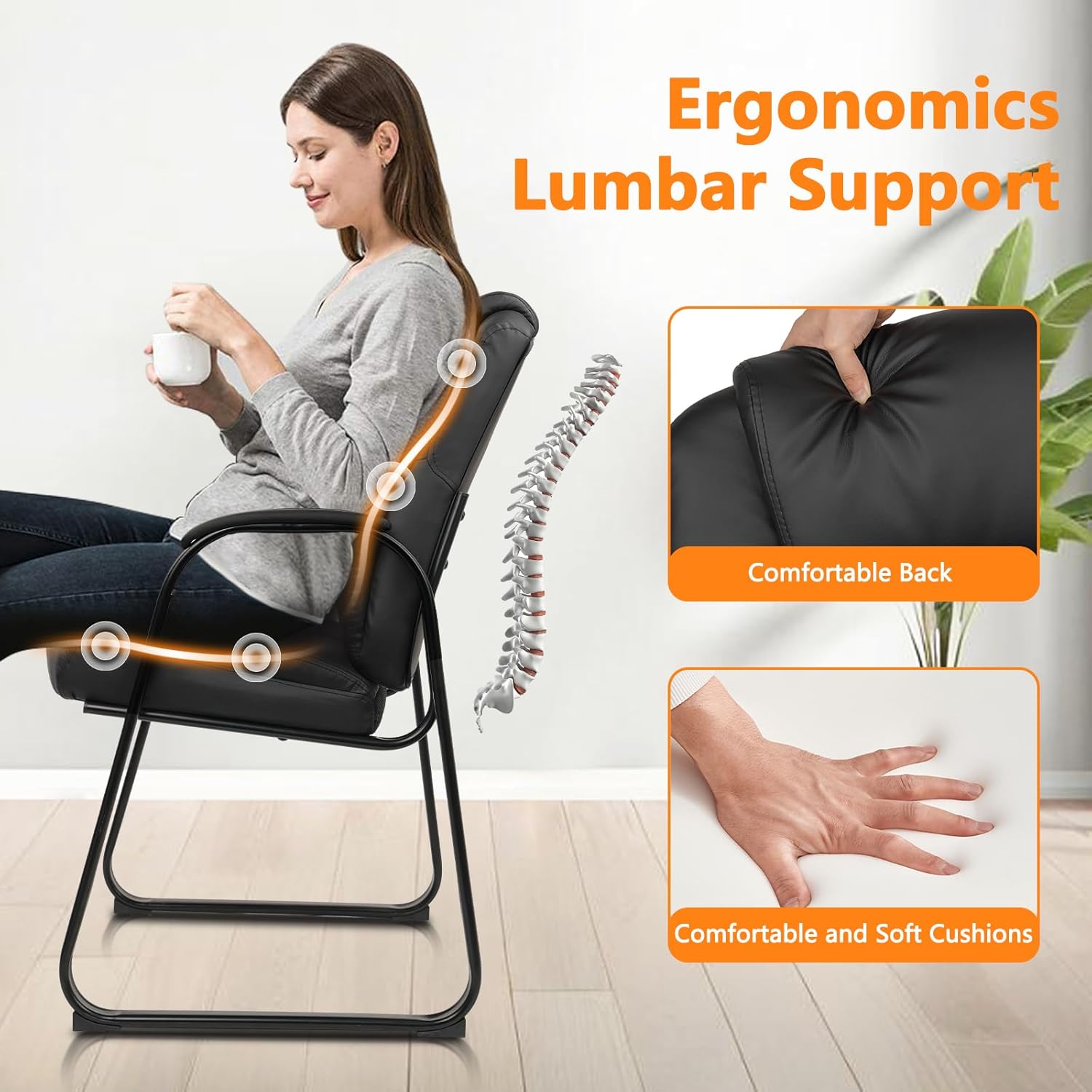 CLATINA Leather Reception Guest Chair with Sled Base, Office Stationary Armchair with Padded Armrests for Meeting Conference Waiting Room Lobby School, Black, 2 Pack