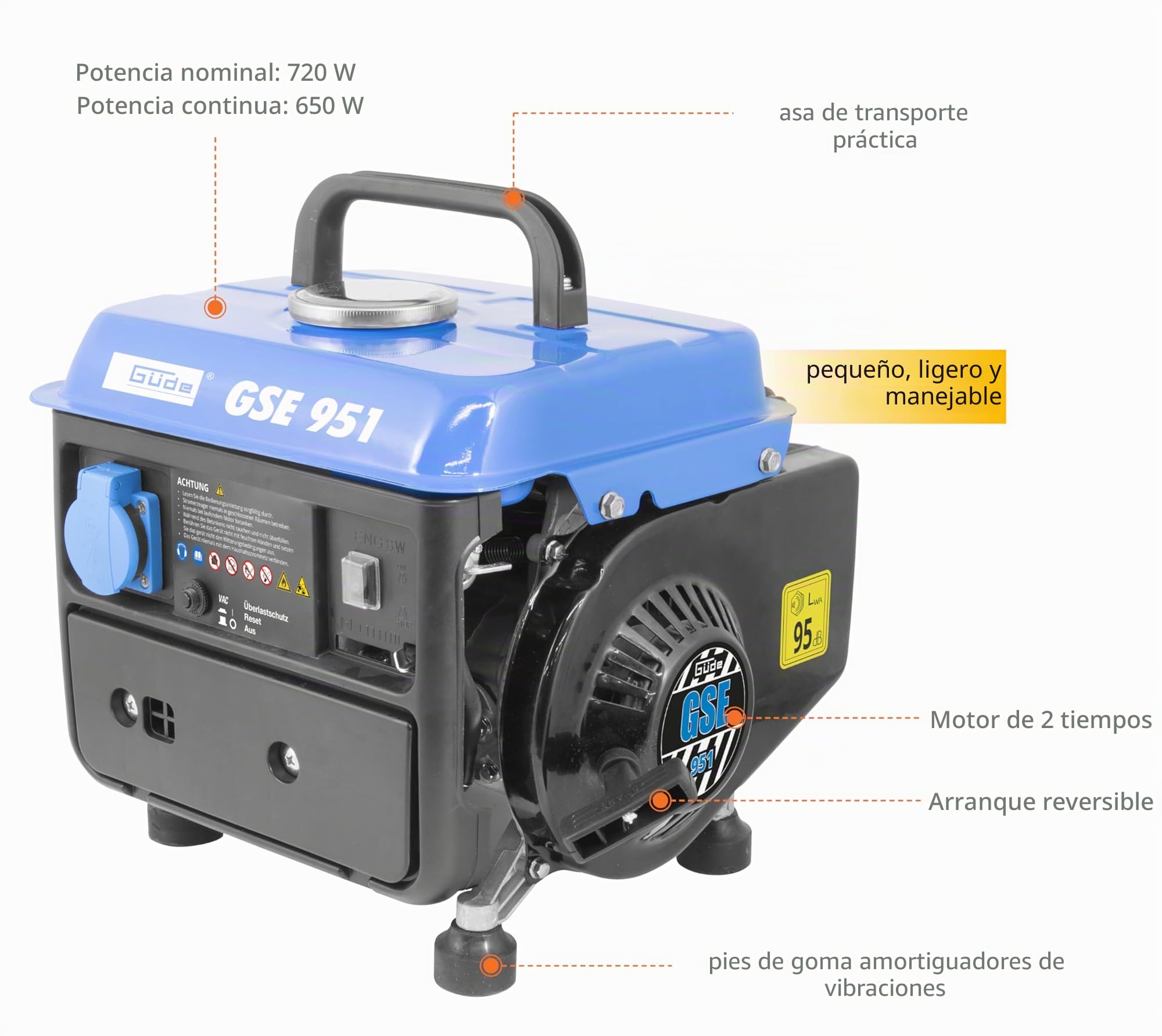 Güde Generador de corriente GSE 951 (motor de 2 tiempos, gasolina, 1/1,36 kW/CV, 1 toma de corriente de 230 V, máx. 720 W, autonomía hasta 7,5 h, depósito de 3,8 L, arranque de reversión, asa, peso