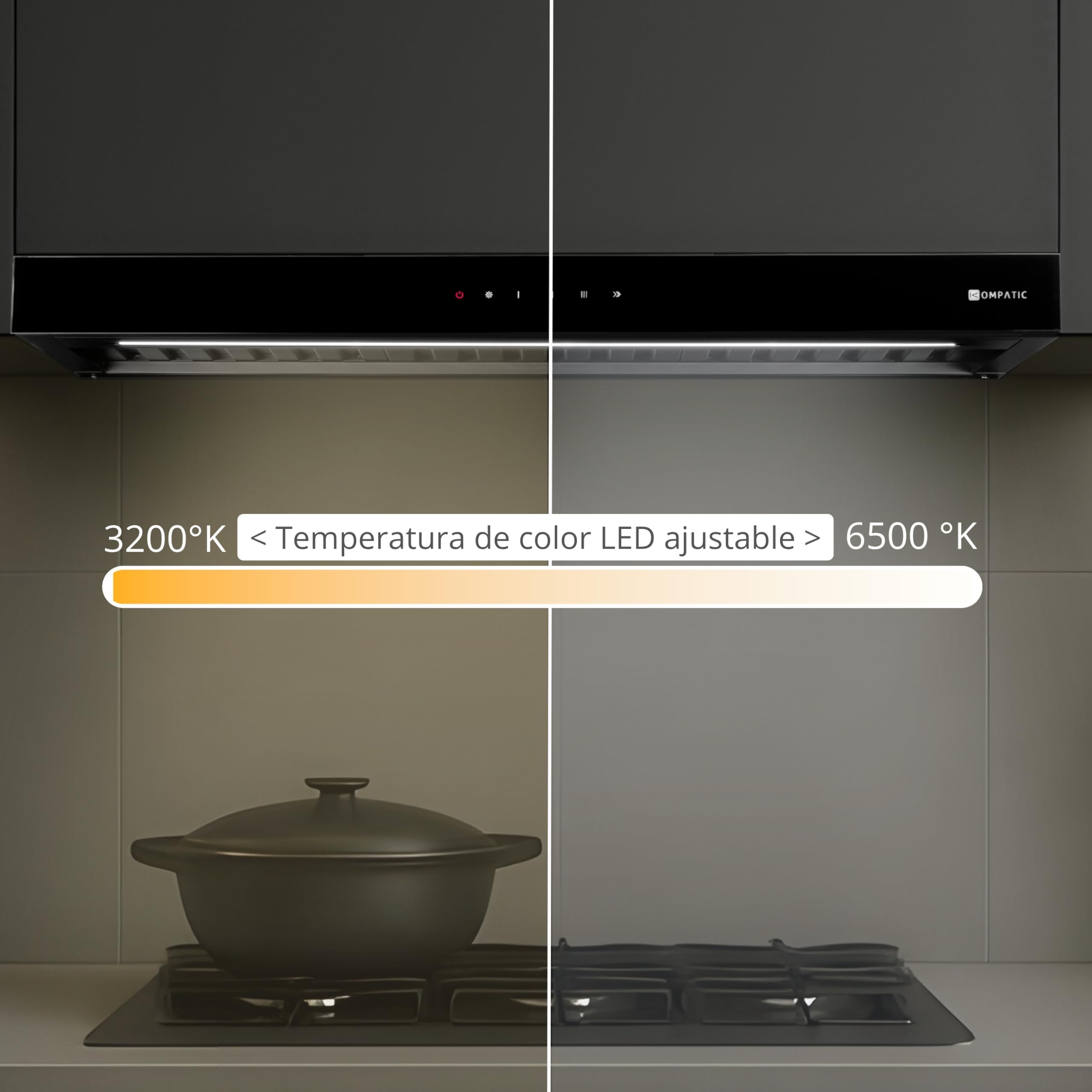 Campana extractora integrable Kompatic Riva 90 KRV90BI, 90 cm, motor brushless 800 m³/h, clase A+++, control táctil, Boost/Super Boost, negro mate.