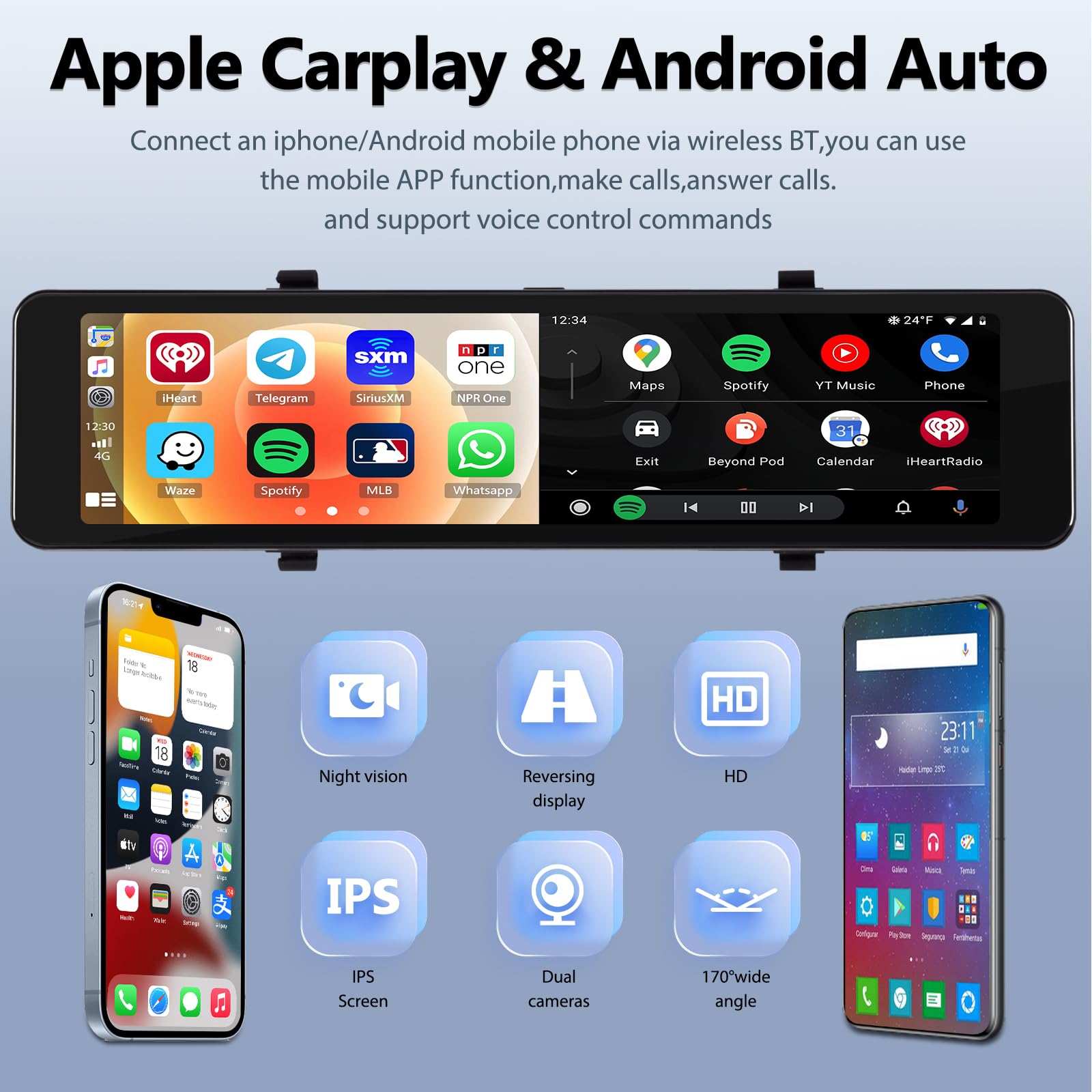 CAMECHO Rétroviseur Dash Cam 11.26" avec Apple CarPlay Android Auto et caméra de recul sans Fil, Smart Screen Mirror pour Voitures Et amions avec Vision Nocturne Carte 64G