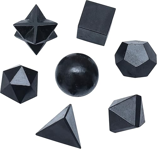 Crocon Juego de 7 piezas de geometría de cristal sólido platónico de turmalina negra, sólidos platónicos, piedras geométricas sagradas para