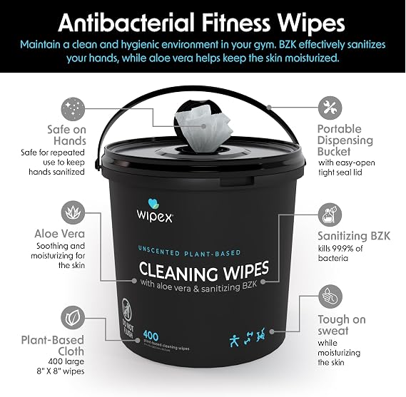 Wipex Gym & Fitness Cleaning Wipes, 400ct Dispensing Bucket with Sanitizing BZK for Hands, Great for Gym, Studios and Fitness Centers 400 Count (Pack of 1)