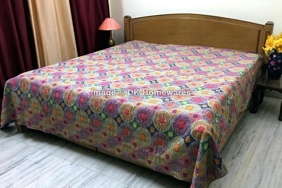 Indian Bohemian Grey Queen Size Kanta Quilt Cristmas Gift Cotton Kantha Work Floral Printed Hand Stitched (108 x 90) -Set of 1 Coverlet Bedspread
