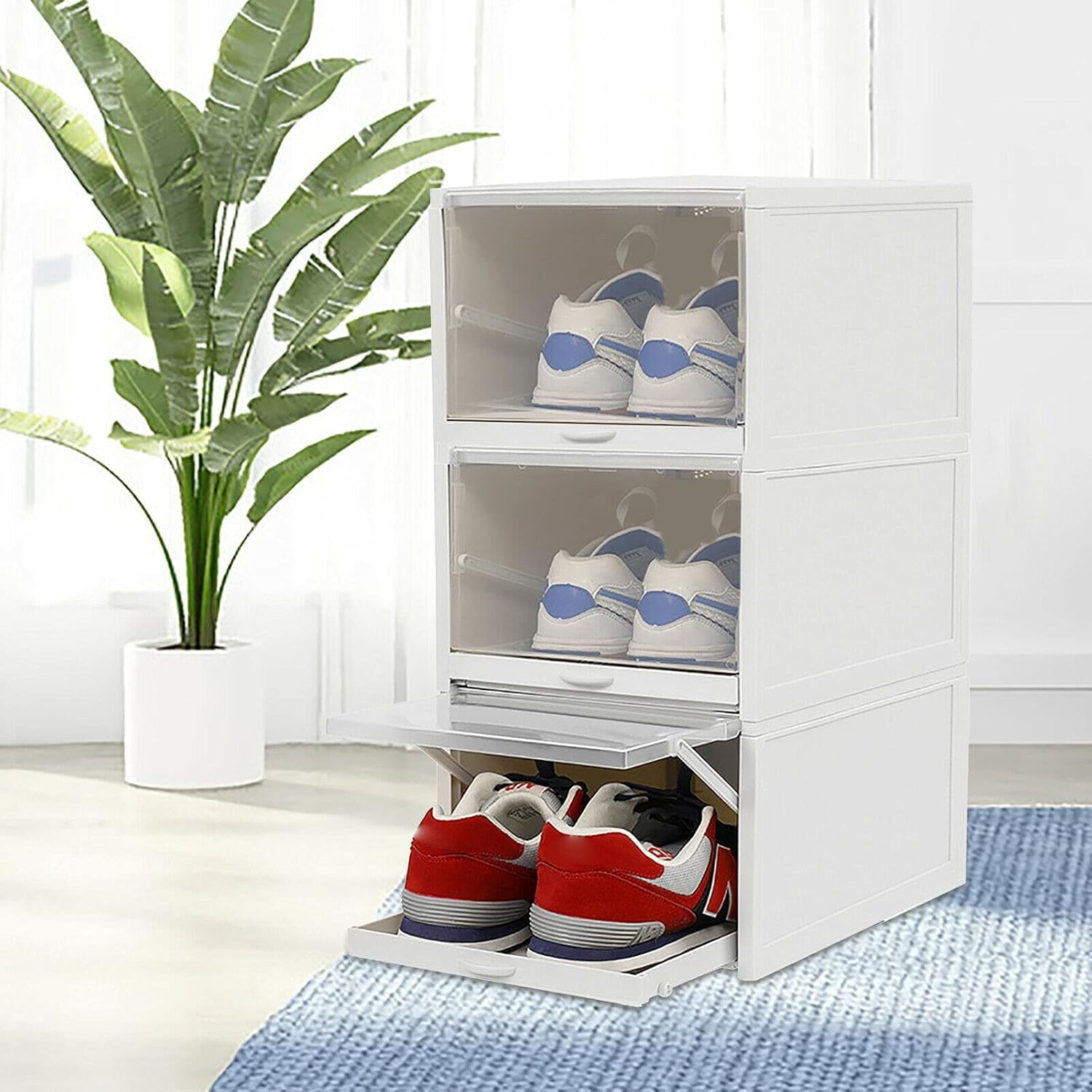 Scatola trasparente per scarpe con cassetto, set di 3 contenitori impilabili in plastica, organizer trasparente per armadio o armadio (polipropilene di alta qualità, salvaspazio)