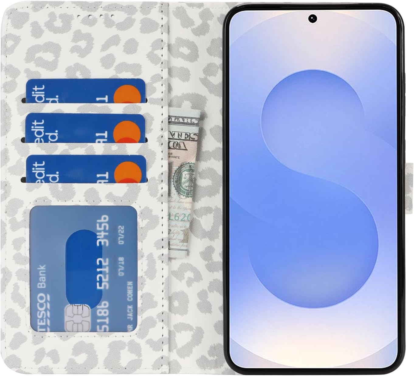 for Samsung Galaxy S25 Case Wallet with Card Holder,Galaxy S25 Wallet Case for Men Women,PU Leather Magnetic Clasp Stand Flip Phone Case Cover-White Leopard - Image 7