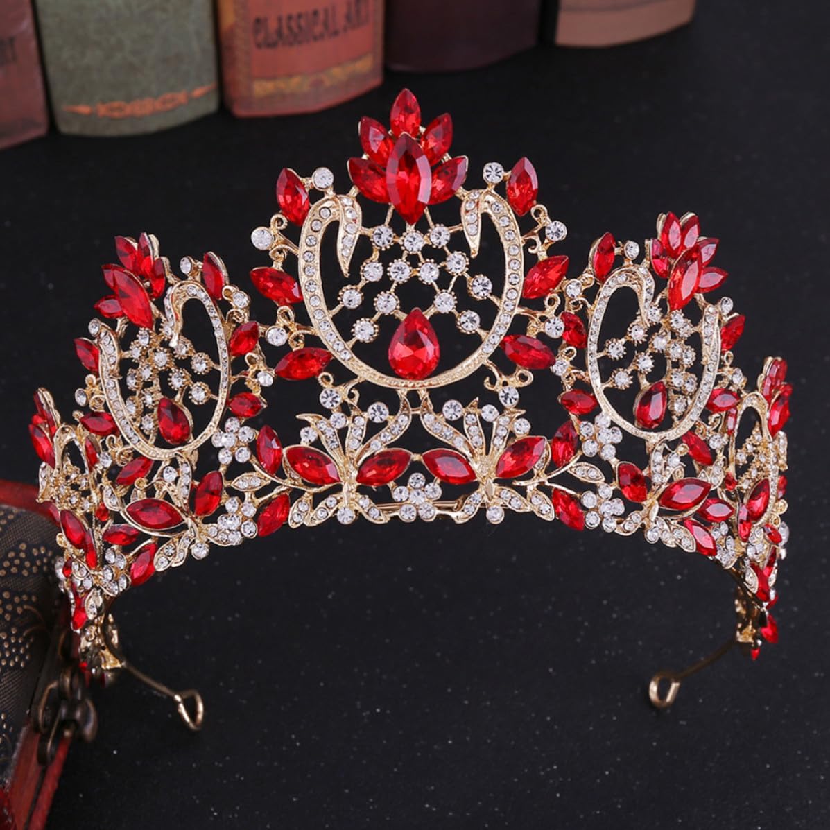 CHILDWEET Baroque Vintage Bride Crown with Rhinestone Inlaid Alloy, Luxurious Looking Red Wedding Headdress for Photography and Cosplay