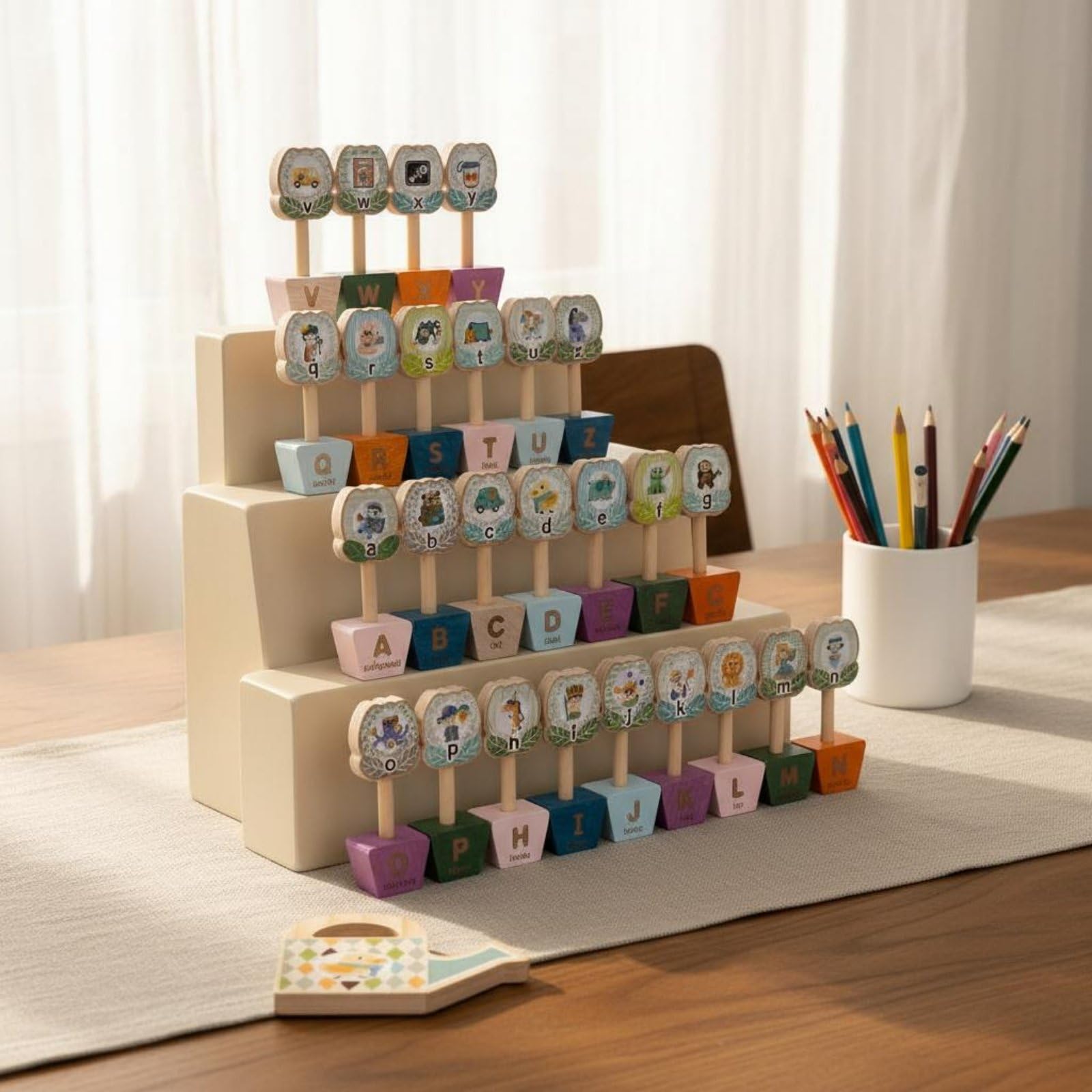 Jouet Éducatif Alphabet Enfant Lettres Majuscules Minuscules Jeu Reconnaissance Mots Images Bloc Tri Fleurs Pot Bois Activité Sensorielle Motricité
