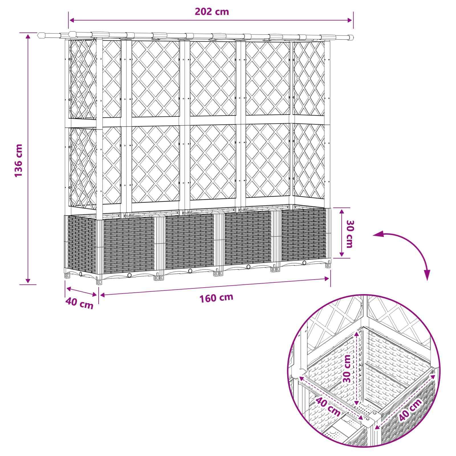 Aiuola rialzata con traliccio e tetto, grigio chiaro, 202 x 40 x 136 cm, in polipropilene | Fioriera flessibile per balcone e terrazza con aiuto per arrampicata integrato e pratico sistema di drenaggio.