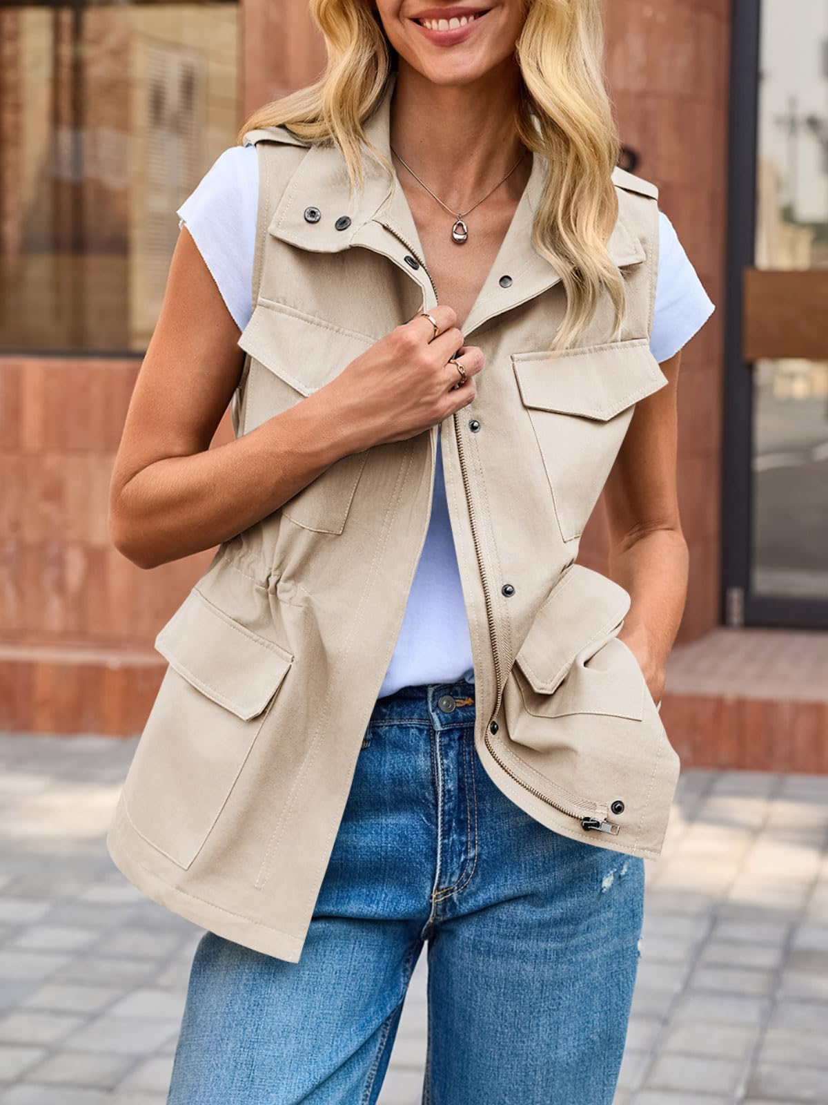 Imily Bela Gilet cargo da donna senza maniche parka giacca corta con tasche e coulisse primavera estate gilet capispalla
