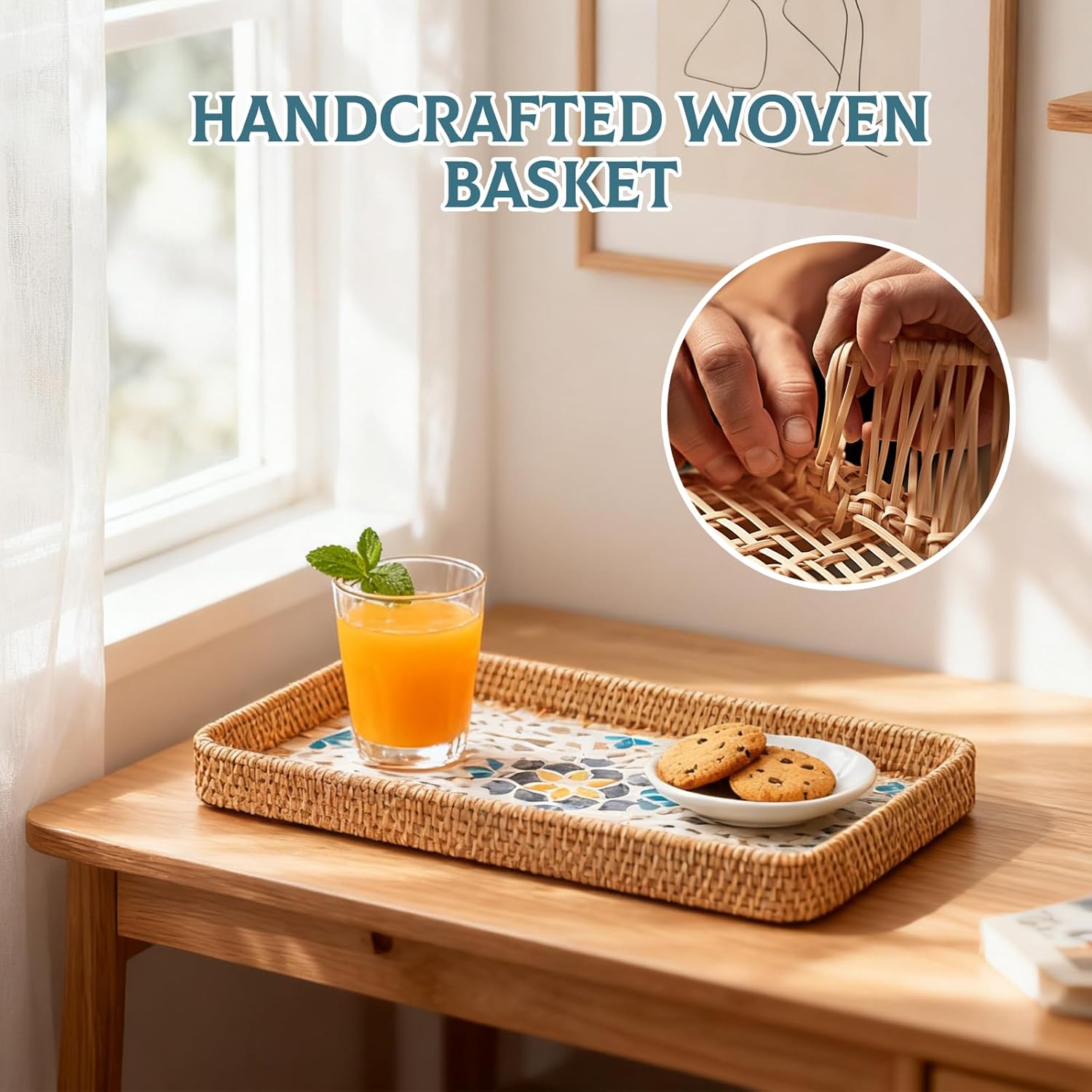 Hand-Woven Rectangular Rattan Tray Set of 3, Natural Bamboo with Colorful Base - Boho Style Serving Trays for Kitchen, Dining Table & Home Decor, Vintage Woven Decorative Plates - Image 6