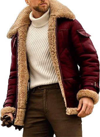 Vintage Fur Collar Sherpa Leather Coat for Men Winter Warm Thicken Leather Jacket Classic Motorcycle Bomber Overcoat