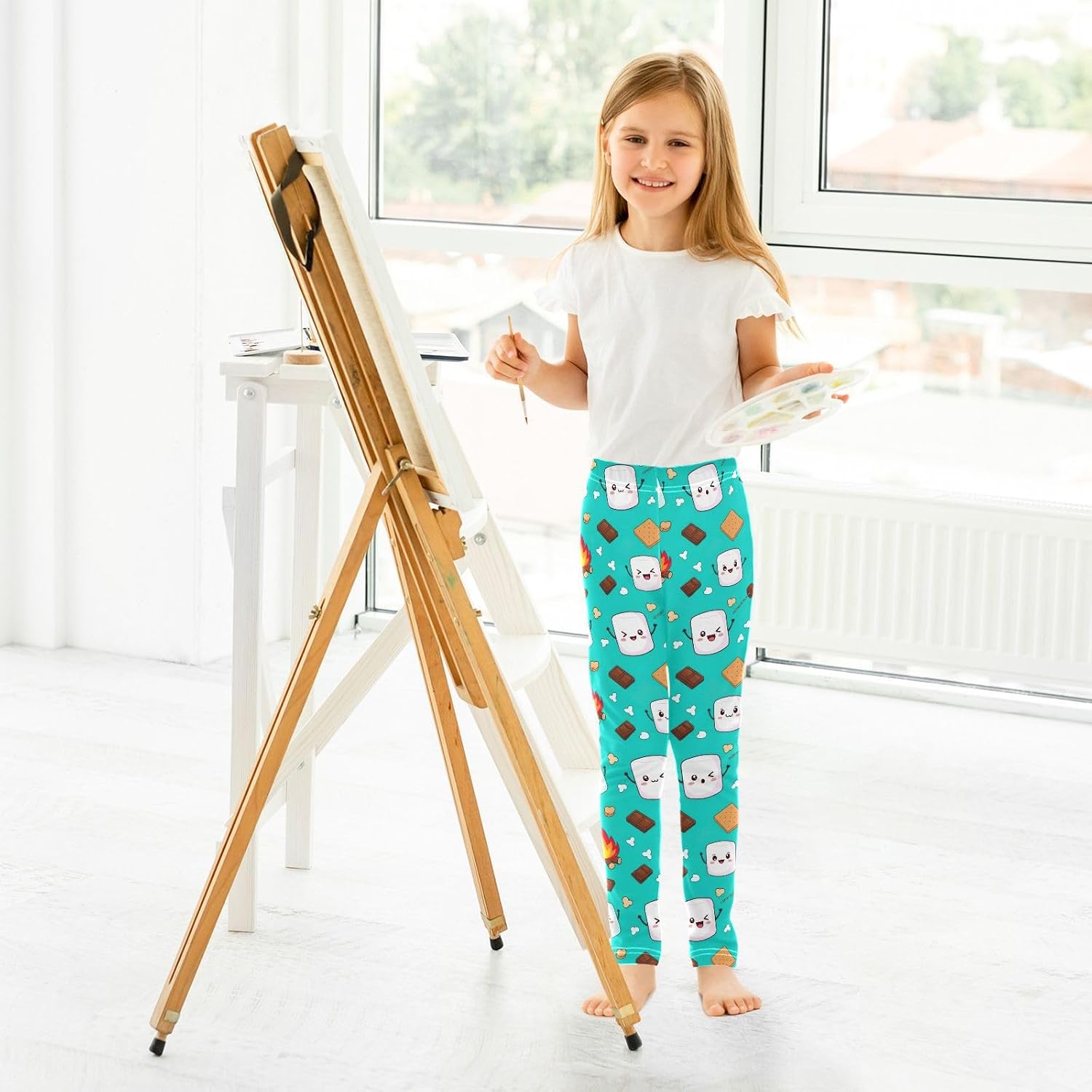 GAIREG Girls Activewear Leggings Cute Marshmallows Teal