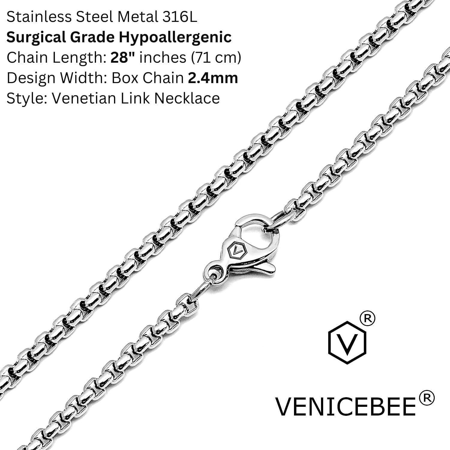 VENICEBEE® Long Box Chain 28" Stainless Steel Chain Medical Grade 316L Surgical Metal Venetian Link Necklace 28" INCHES 2.4MM Wide Chain 28 inch + Pouch - HYPOALLERGENIC LEAD-FREE METAL - Image 2