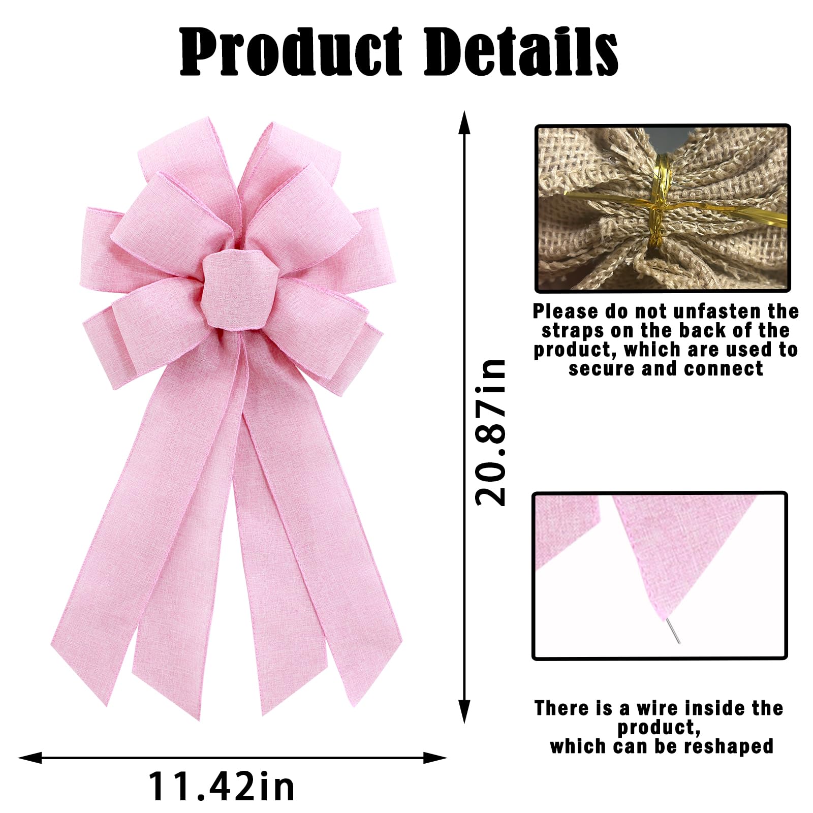 chmacura Light Pink Burlap Wreath Bow 20 x 11 Inches Easter Bows Baby Shower Farmhouse Ribbon Bow Tree Ornament for Home Front Door Decorations