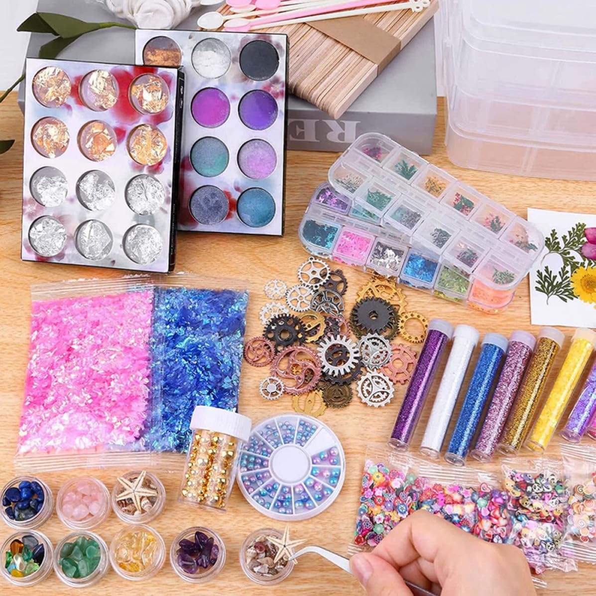 POPETPOP Kit per Resina e Fiori Secchi, Kit per Resina Cristallo Epossidica, Accessori per Fai da Te in Plastica, Legno, Acciaio Inox e Pasta Morbida, e Amanti dei Lavori Creativi