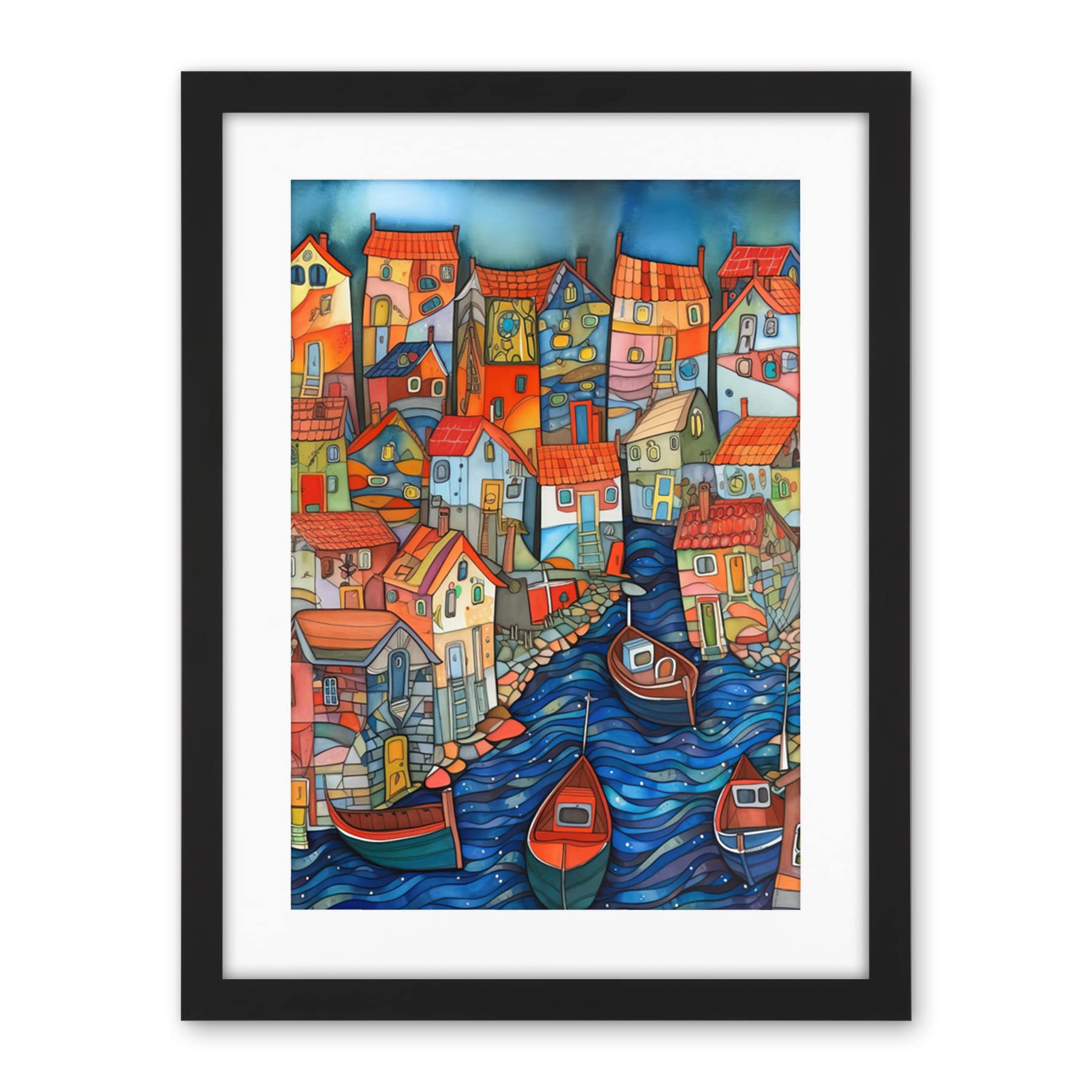 Artery8 Fishing Village Canal Folk Art Watercolour Painting Artwork Framed Wall Art Print 18X24 Inch