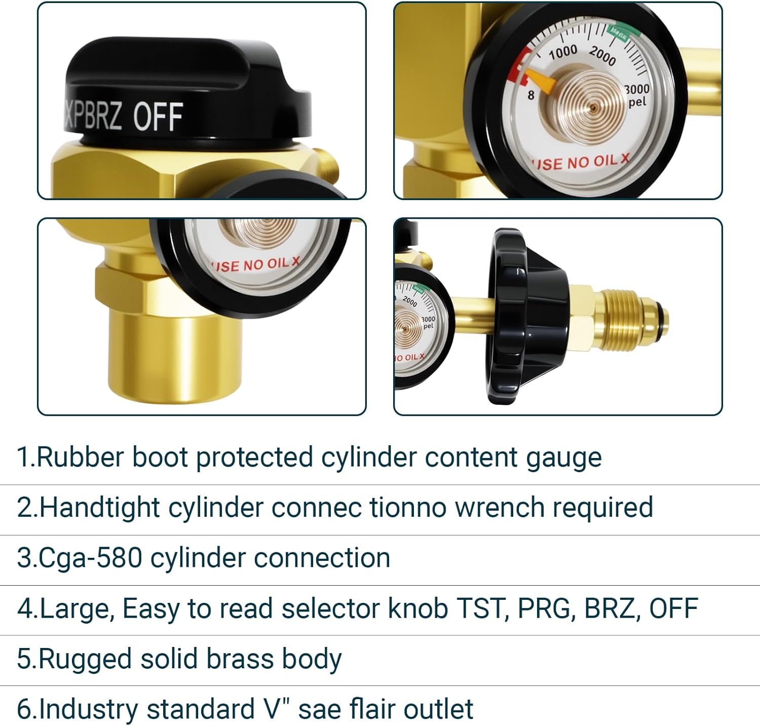 VN-500 Nitrogen Purging Regulator w/500psi - 4-Position Flow Control (TST/PRG/BRZ/OFF) for leak testing,Heavy-Duty Brass