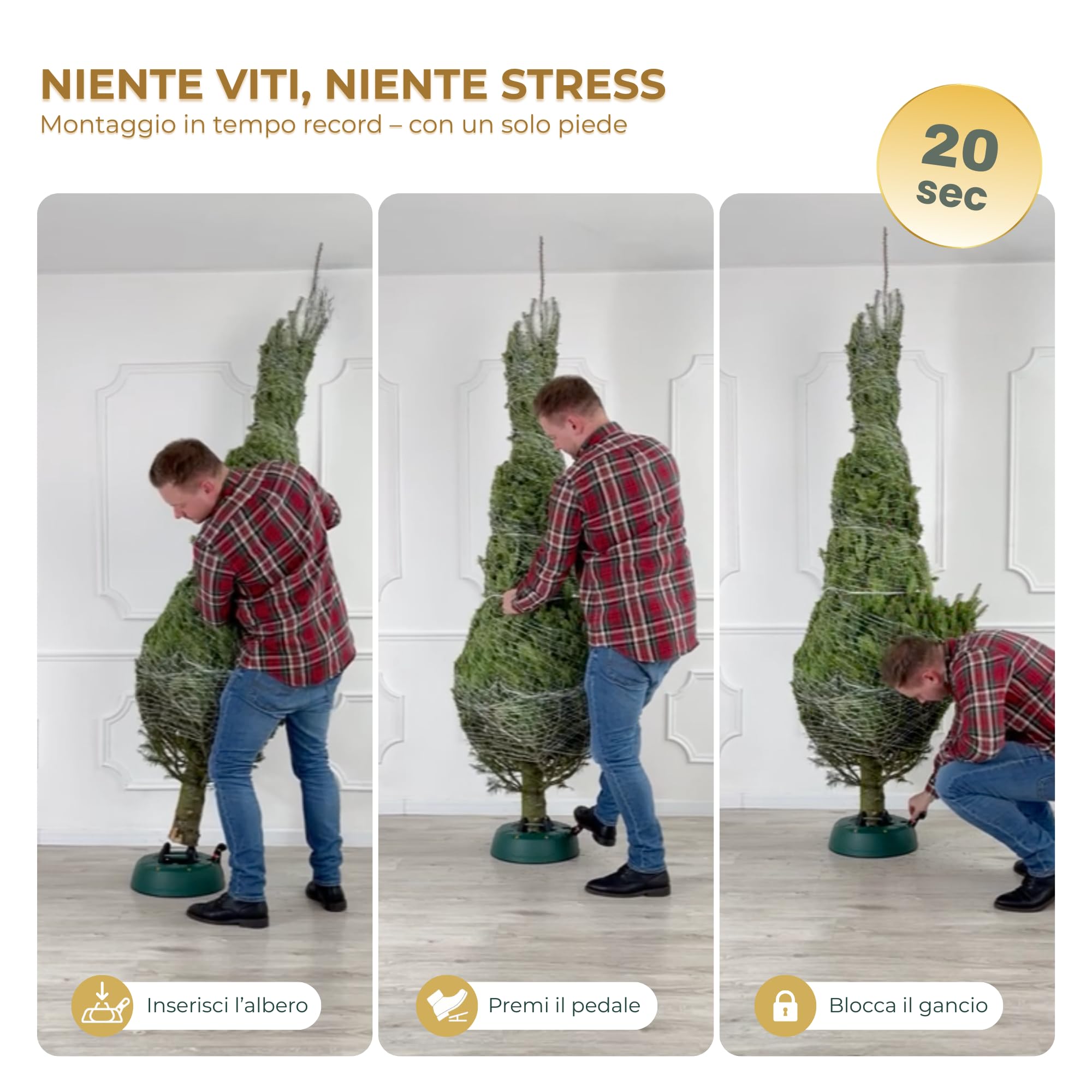 Supporto per albero di Natale fino a 3 m con pedale e sistema a corda, base stabile con serbatoio d’acqua da 3 L, design Verde Opaco con stelle – Kamai
