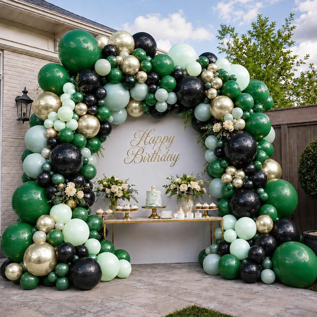 Grüne schwarze Ballon-Girlande, staubige grüne Luftballons, dunkelschwarzer Salbei, Goldballons für Abschlussfeier, Babyparty, Brautparty, Dschungel, Geburtstag, Abschlussball, Party-Dekorationen