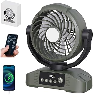 Ruiqas Ventilador de camping USB con gancho para colgar, 20000 mAh, recargable, funciona con pilas, oscilación automática, ventilador inalámbrico con control remoto de luz, 5 velocidades, 5